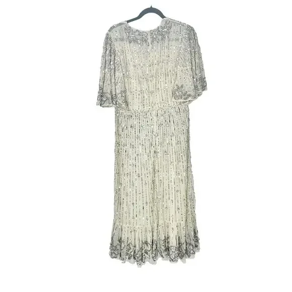 Mac Duggal Women's Nude Silver Sequined Flounce Sleeve Midi Dress Size 6 NWT - Picture 7 of 13